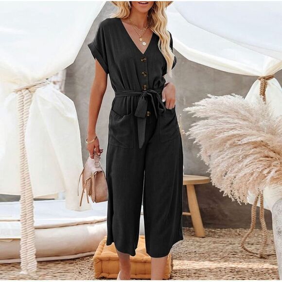 NEW Button Linen Wide Leg Jumpsuits Romper Overalls S NO BELT - Picture 1 of 6